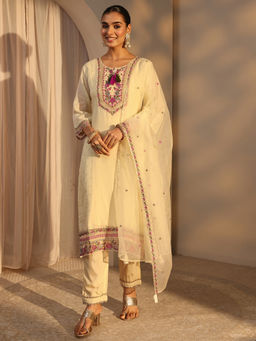 Libas - Cream Embroidered Three Fourth Sleeves Kurta Pant & Dupatta