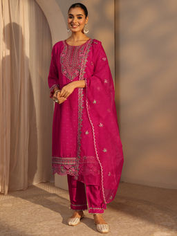 Libas - Pink Embroidered Three Fourth Sleeves Kurta Pant & Dupatta