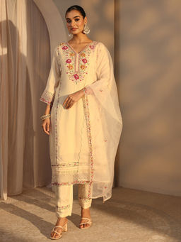 Libas - Cream Embroidered Three Fourth Sleeves Kurta Pant & Dupatta