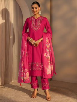 Libas - Pink Embroidered Three Fourth Sleeves Kurta Pant & Dupatta