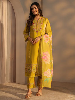 Libas - Mustard Embroidered Three Fourth Sleeves Kurta Pant & Dupatta