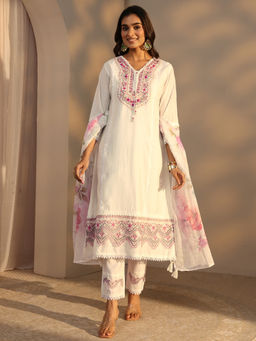 Libas - Off White Embroidered Three Fourth Sleeves Kurta Pant & Dupatta