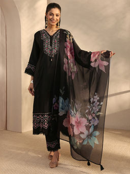 Libas - Black Embroidered Three Fourth Sleeves Kurta Pant & Dupatta