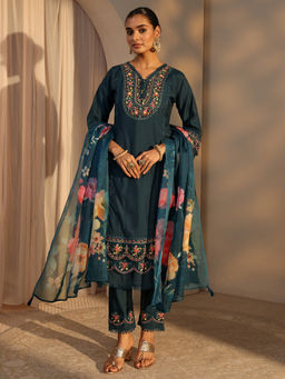 Libas - Blue Embroidered Three Fourth Sleeves Kurta Pant & Dupatta