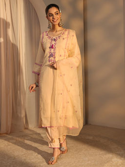 Libas - Cream Embroidered Three Fourth Sleeves Kurta Pant & Dupatta