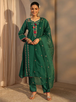 Libas - Green Embroidered Full Sleeves Kurta Pant & Dupatta
