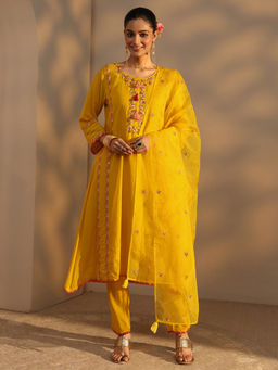 Libas - Yellow Embroidered Three Fourth Sleeves Kurta Pant & Dupatta