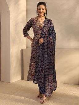 Gerua By Libas - Blue Floral Three Fourth Sleeves Kurta Pant & Dupatta