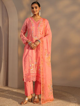 Libas Art - Peach Embroidered Three Fourth Sleeves Kurta Pant & Dupatta