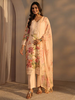 Libas - Peach Embroidered Three Fourth Sleeves Kurta Pant & Dupatta