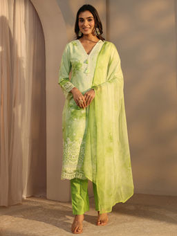 Libas - Green Floral Full Sleeves Kurta Pant & Dupatta