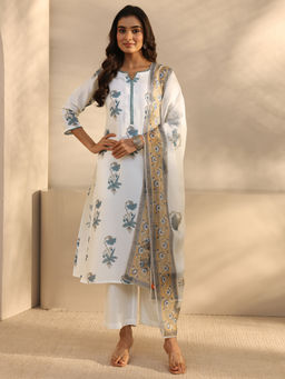 Libas - White Floral Three Fourth Sleeves Kurta Pant & Dupatta
