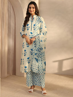 Libas - Cream Floral Three Fourth Sleeves Kurta Pant & Dupatta