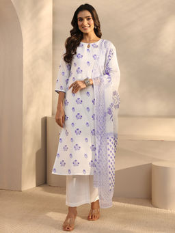 Libas - White Floral Three Fourth Sleeves Kurta Pant & Dupatta