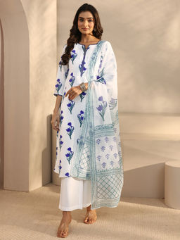 Libas - White Floral Three Fourth Sleeves Kurta Pant & Dupatta