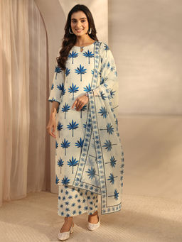 Libas - Cream Floral Three Fourth Sleeves Kurta Pant & Dupatta