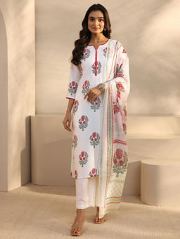 Libas - White Floral Three Fourth Sleeves Kurta Pant & Dupatta