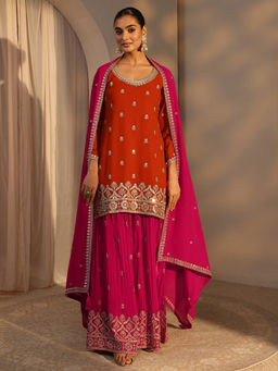Libas Art - Orange Embroidered Three Fourth Sleeves Kurti Palazzo & Dupatta