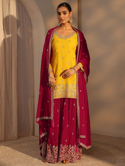 Libas Art - Yellow Embroidered Three Fourth Sleeves Kurta Palazzo & Dupatta