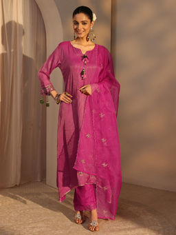 Libas - Pink Embroidered Three Fourth Sleeves Kurta Pant & Dupatta