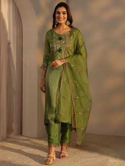 Libas - Olive Embroidered Three Fourth Sleeves Kurta Pant & Dupatta