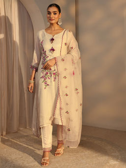 Libas - Cream Embroidered Three Fourth Sleeves Kurta Pant & Dupatta