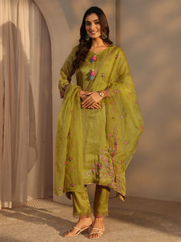Libas - Olive Embroidered Three Fourth Sleeves Kurta Pant & Dupatta