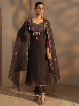 Libas - Charcoal Embroidered Three Fourth Sleeves Kurta Pant & Dupatta