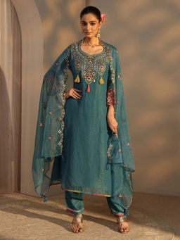 Libas - Teal Embroidered Three Fourth Sleeves Kurta Pant & Dupatta