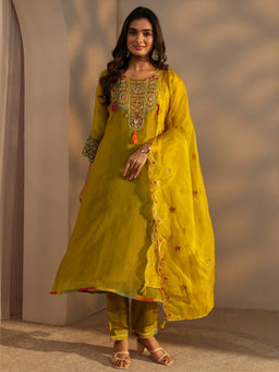 Libas - Mustard Sequined Three Fourth Sleeves Kurta Pant & Dupatta