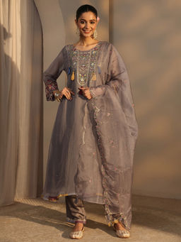 Libas - Grey Sequined Full Sleeves Kurta Pant & Dupatta