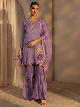 Libas - Lavender Embroidered Three Fourth Sleeves Kurti Sharara & Dupatta