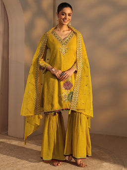 Libas - Mustard Embroidered Three Fourth Sleeves Kurti Sharara & Dupatta