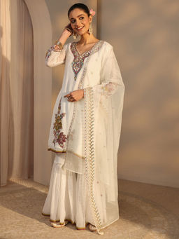 Libas - Off White Embroidered Three Fourth Sleeves Kurti Sharara & Dupatta