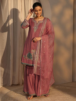 Libas - Mauve Embroidered Three Fourth Sleeves Kurti Sharara & Dupatta