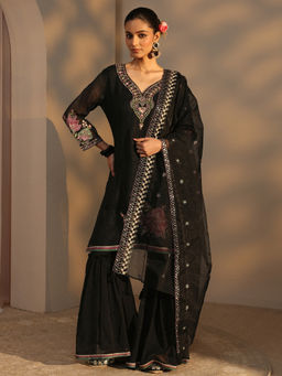 Libas - Black Embroidered Three Fourth Sleeves Kurti Sharara & Dupatta
