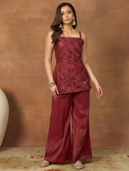 INDDUS - Maroon Embroidered Sleeveless Co-ord Set