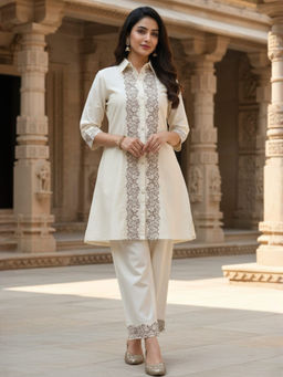 INDDUS - Beige Embroidered Three Fourth Sleeves Co-ord Set