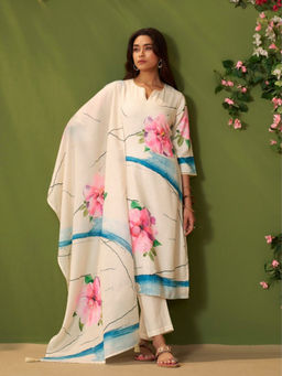Autumnlane - Cream Floral Three Fourth Sleeves Kurta Pant & Dupatta