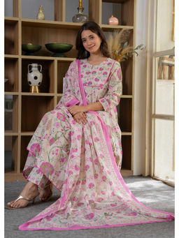 JAIMINI - Beige Floral Three Fourth Sleeves Kurta Pant & Dupatta