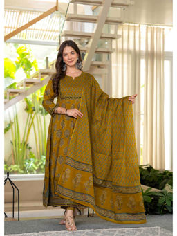 JAIMINI - Mustard Printed Three Fourth Sleeves Kurta Pant & Dupatta