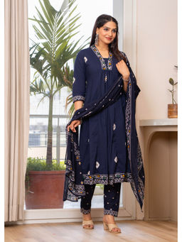 JAIMINI - Blue Printed Three Fourth Sleeves Kurta Pant & Dupatta