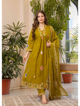JAIMINI - Mustard Printed Three Fourth Sleeves Kurta Pant & Dupatta