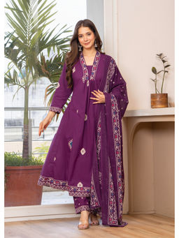 JAIMINI - Purple Printed Three Fourth Sleeves Kurta Pant & Dupatta