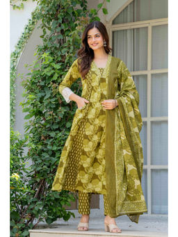 JAIMINI - Olive Printed Three Fourth Sleeves Kurta Pant & Dupatta
