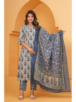 JAIMINI - Grey Printed Three Fourth Sleeves Kurta Pant & Dupatta