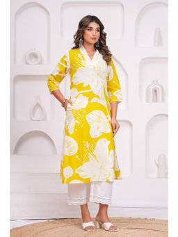 JAIMINI - Yellow Floral Three Fourth Sleeves Kurta & Pant