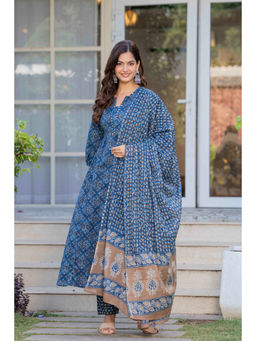 JAIMINI - Blue Printed Three Fourth Sleeves Kurta Pant & Dupatta