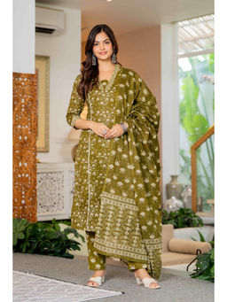 JAIMINI - Olive Printed Three Fourth Sleeves Kurta Pant & Dupatta