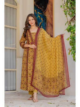 JAIMINI - Mustard Printed Three Fourth Sleeves Kurta Pant & Dupatta